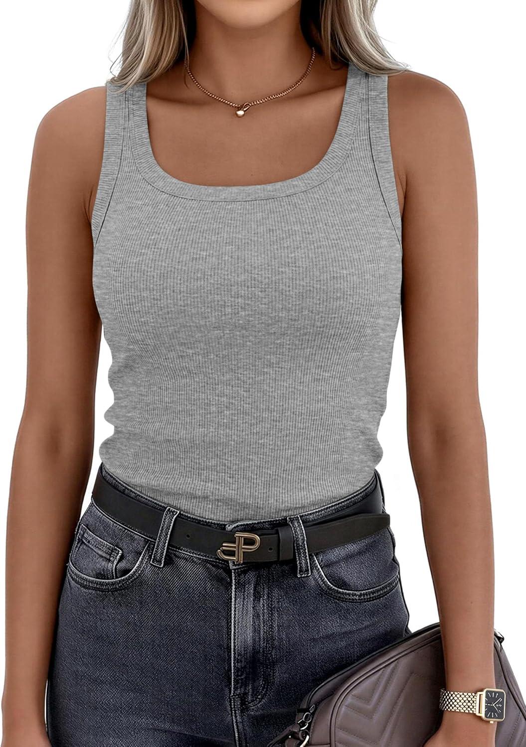 imagePRETTYGARDEN Tank Tops for Women 2026 Summer Sleeveless Scoop Neck Ribbed Tops Cute Spring Casual Fitted Basic Cami ShirtsGrey