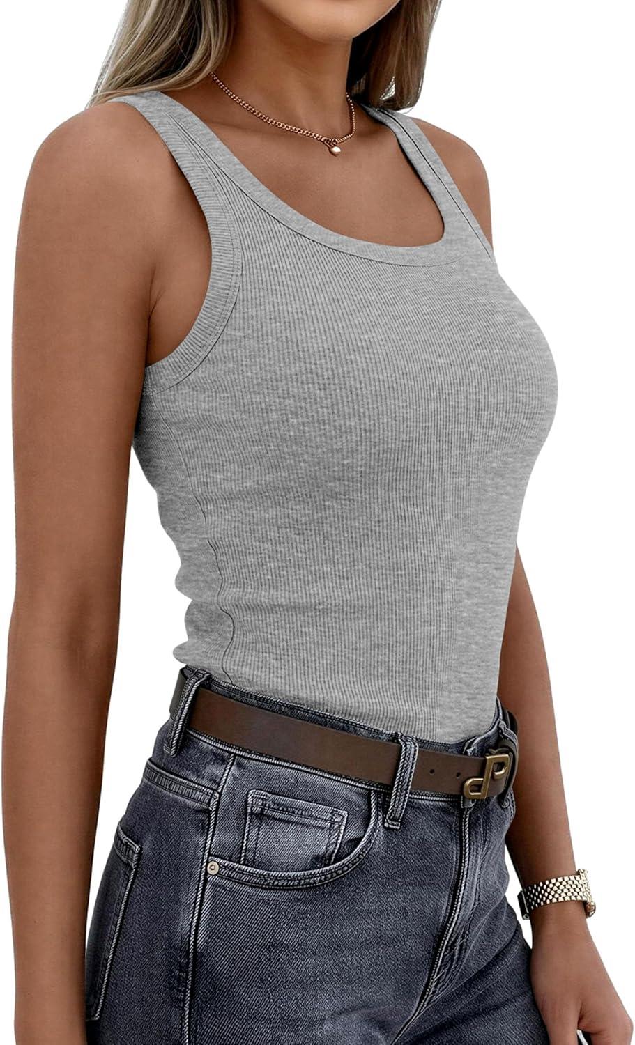 imagePRETTYGARDEN Tank Tops for Women 2026 Summer Sleeveless Scoop Neck Ribbed Tops Cute Spring Casual Fitted Basic Cami ShirtsGrey