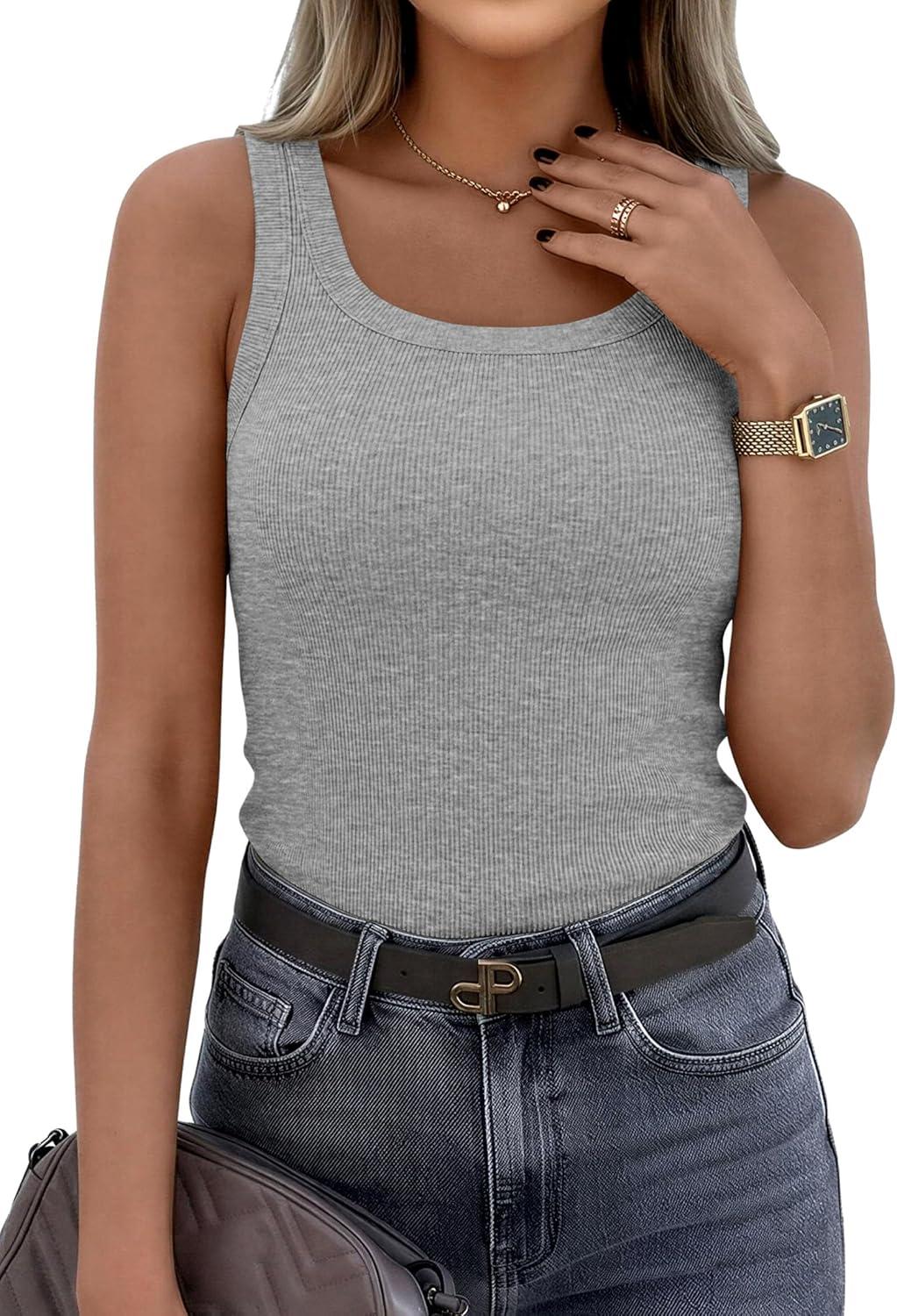 imagePRETTYGARDEN Tank Tops for Women 2026 Summer Sleeveless Scoop Neck Ribbed Tops Cute Spring Casual Fitted Basic Cami ShirtsGrey