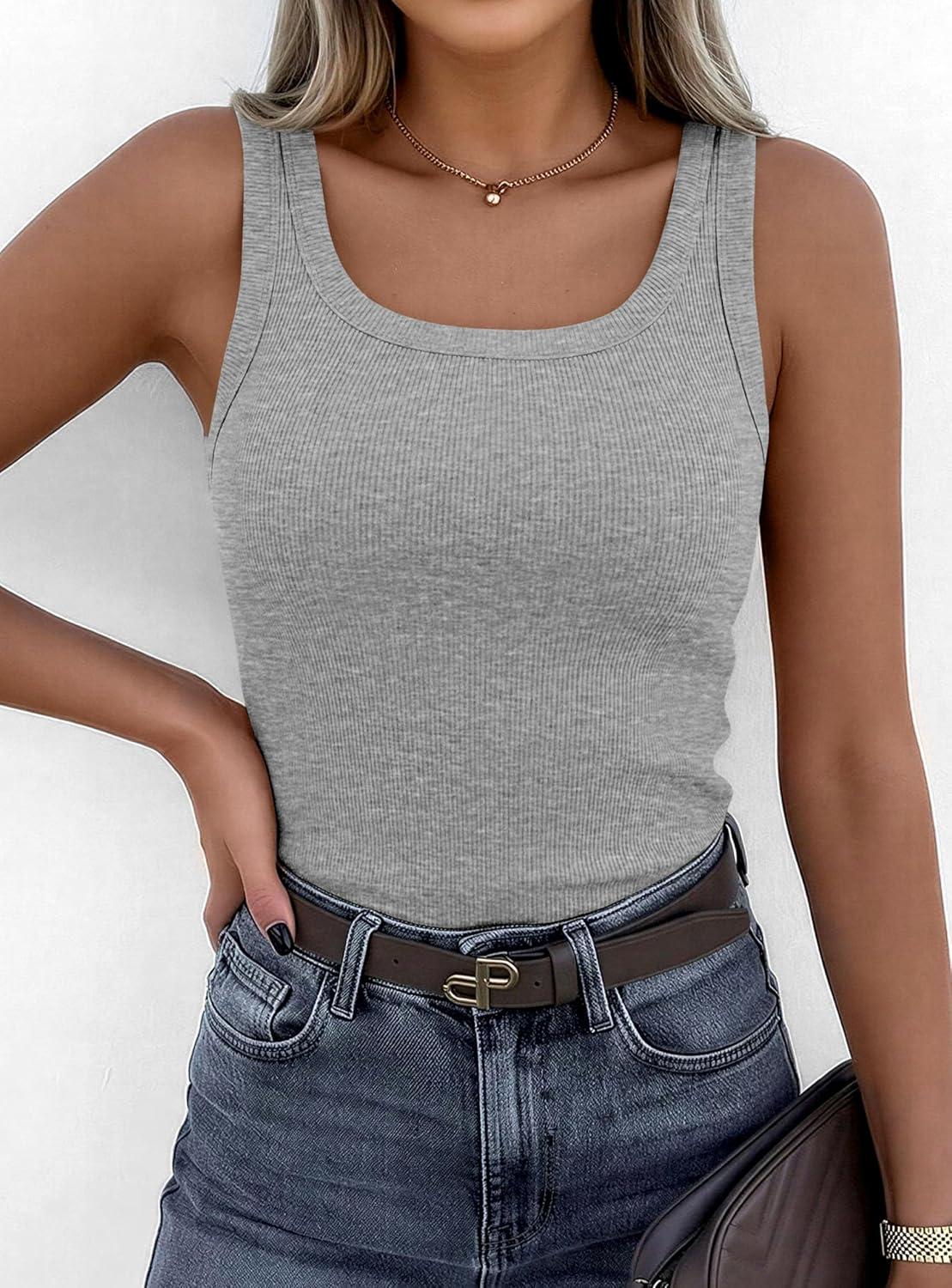imagePRETTYGARDEN Tank Tops for Women 2026 Summer Sleeveless Scoop Neck Ribbed Tops Cute Spring Casual Fitted Basic Cami ShirtsGrey