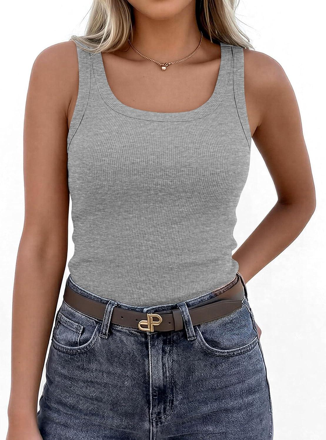 imagePRETTYGARDEN Tank Tops for Women 2026 Summer Sleeveless Scoop Neck Ribbed Tops Cute Spring Casual Fitted Basic Cami ShirtsGrey
