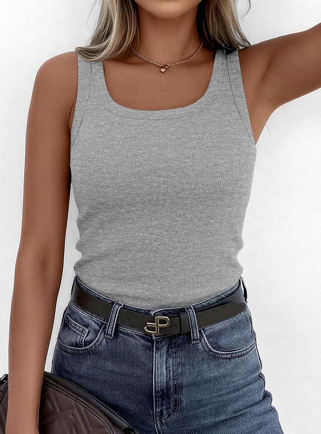 imagePRETTYGARDEN Tank Tops for Women 2026 Summer Sleeveless Scoop Neck Ribbed Tops Cute Spring Casual Fitted Basic Cami ShirtsGrey