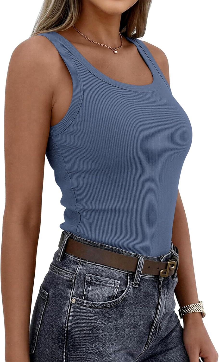imagePRETTYGARDEN Tank Tops for Women 2026 Summer Sleeveless Scoop Neck Ribbed Tops Cute Spring Casual Fitted Basic Cami ShirtsGrey Blue