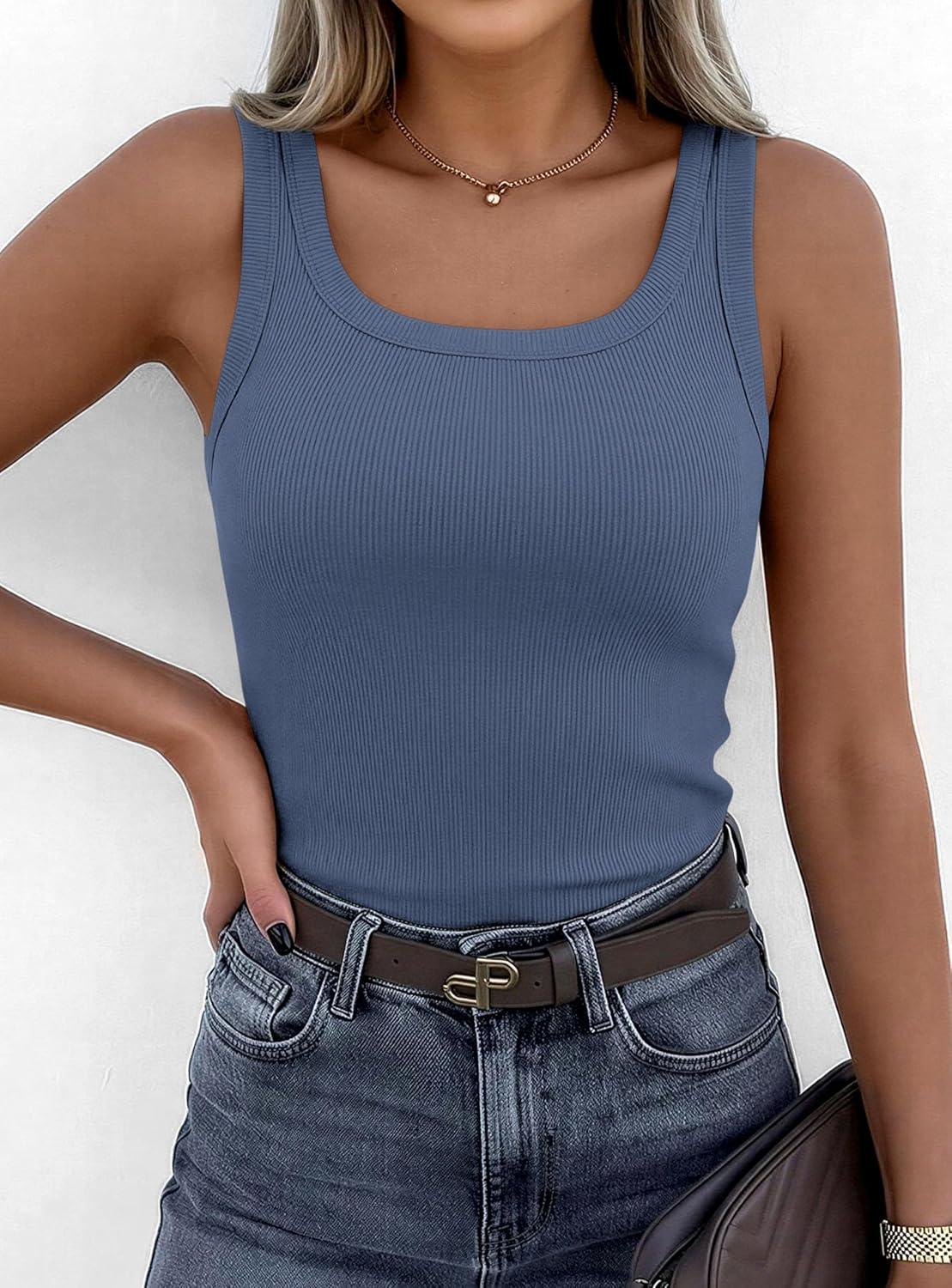 imagePRETTYGARDEN Tank Tops for Women 2026 Summer Sleeveless Scoop Neck Ribbed Tops Cute Spring Casual Fitted Basic Cami ShirtsGrey Blue
