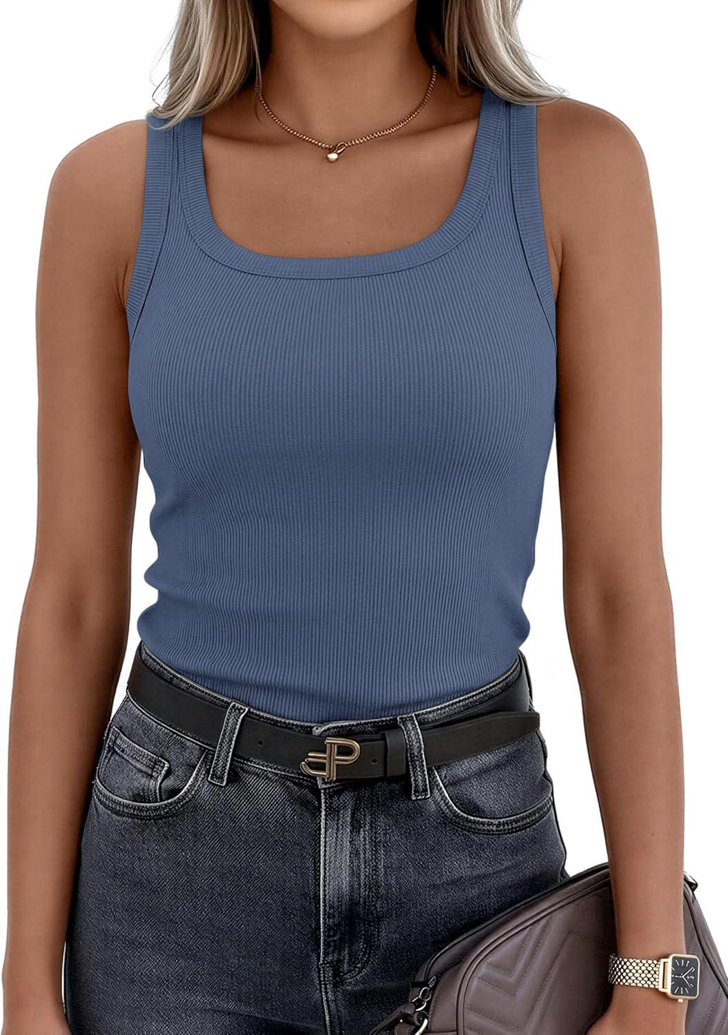 imagePRETTYGARDEN Tank Tops for Women 2026 Summer Sleeveless Scoop Neck Ribbed Tops Cute Spring Casual Fitted Basic Cami ShirtsGrey Blue
