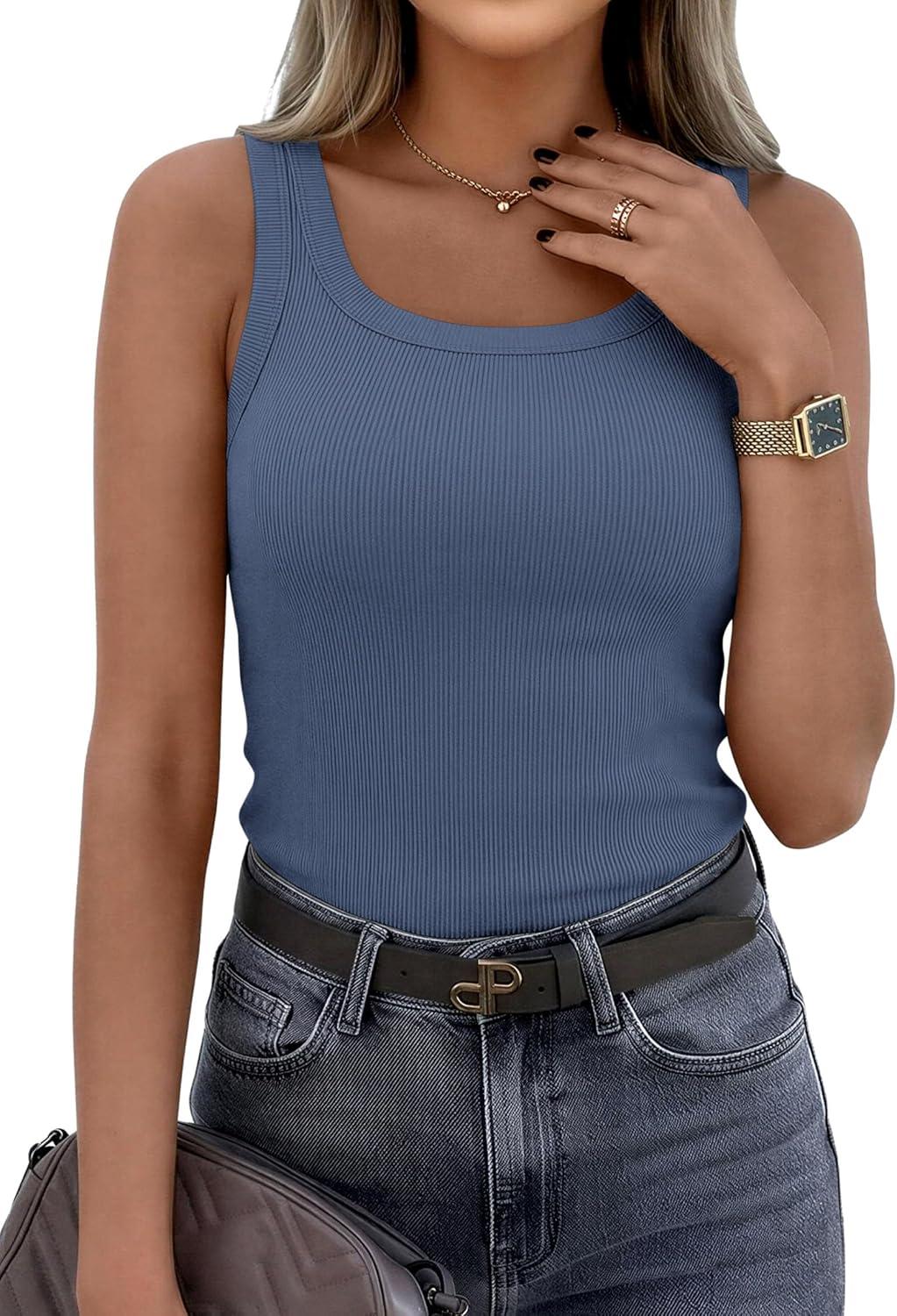 imagePRETTYGARDEN Tank Tops for Women 2026 Summer Sleeveless Scoop Neck Ribbed Tops Cute Spring Casual Fitted Basic Cami ShirtsGrey Blue