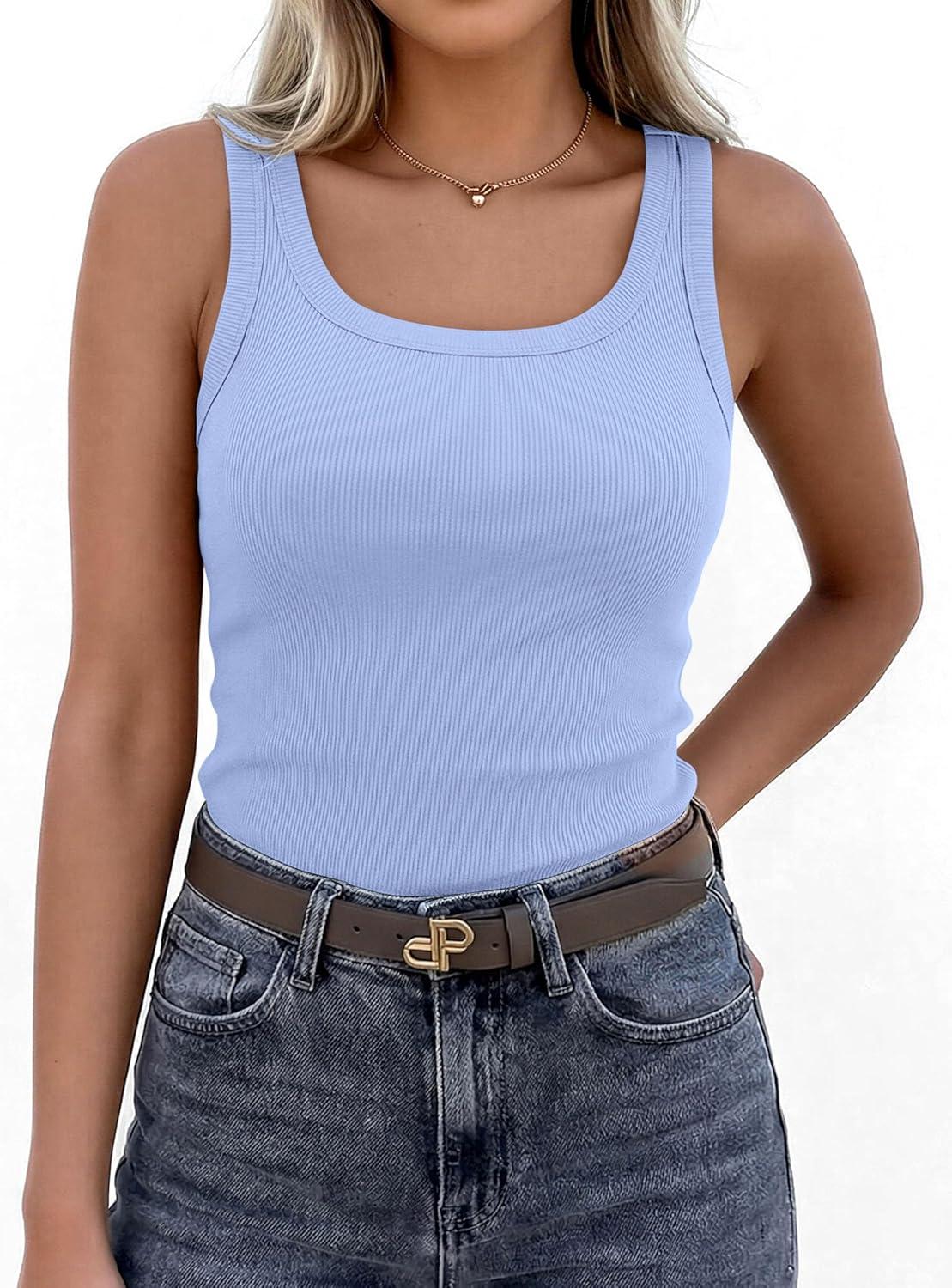 imagePRETTYGARDEN Tank Tops for Women 2026 Summer Sleeveless Scoop Neck Ribbed Tops Cute Spring Casual Fitted Basic Cami ShirtsLight Blue