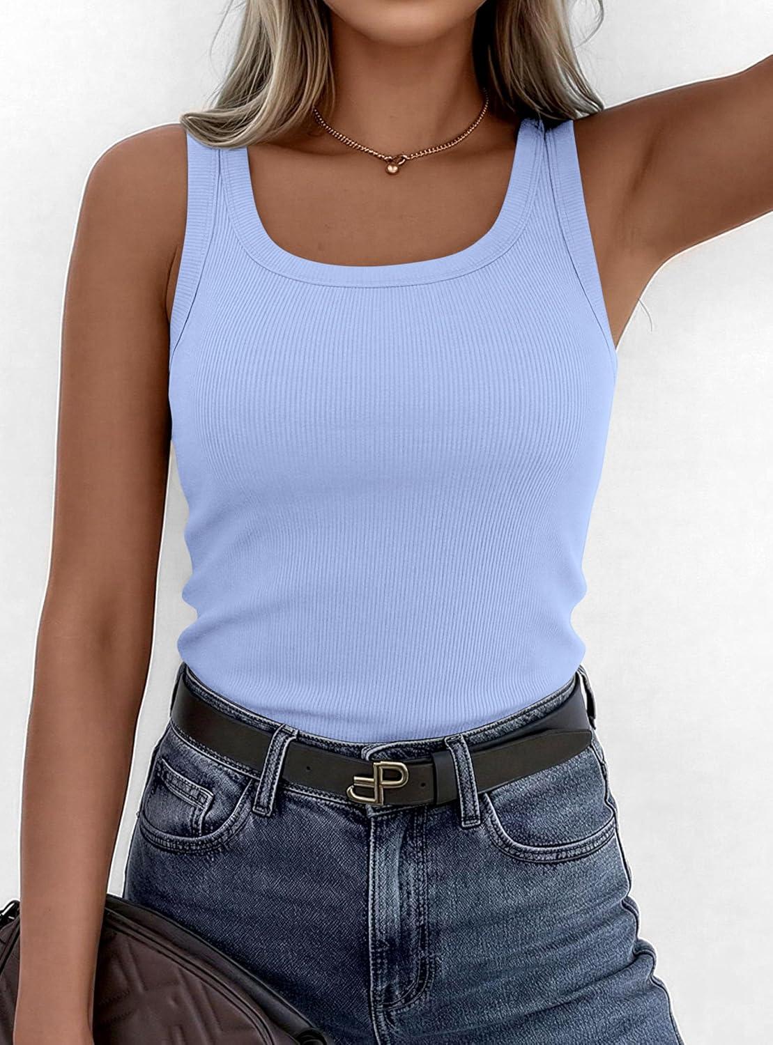 imagePRETTYGARDEN Tank Tops for Women 2026 Summer Sleeveless Scoop Neck Ribbed Tops Cute Spring Casual Fitted Basic Cami ShirtsLight Blue