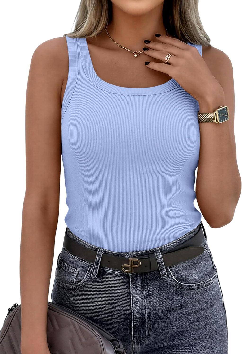 imagePRETTYGARDEN Tank Tops for Women 2026 Summer Sleeveless Scoop Neck Ribbed Tops Cute Spring Casual Fitted Basic Cami ShirtsLight Blue
