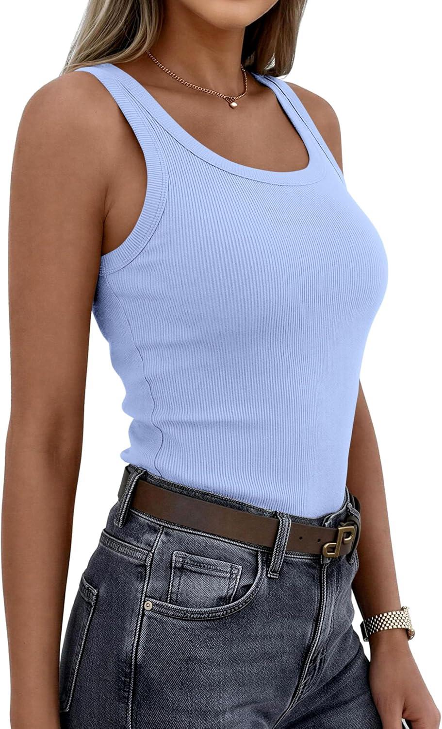 imagePRETTYGARDEN Tank Tops for Women 2026 Summer Sleeveless Scoop Neck Ribbed Tops Cute Spring Casual Fitted Basic Cami ShirtsLight Blue