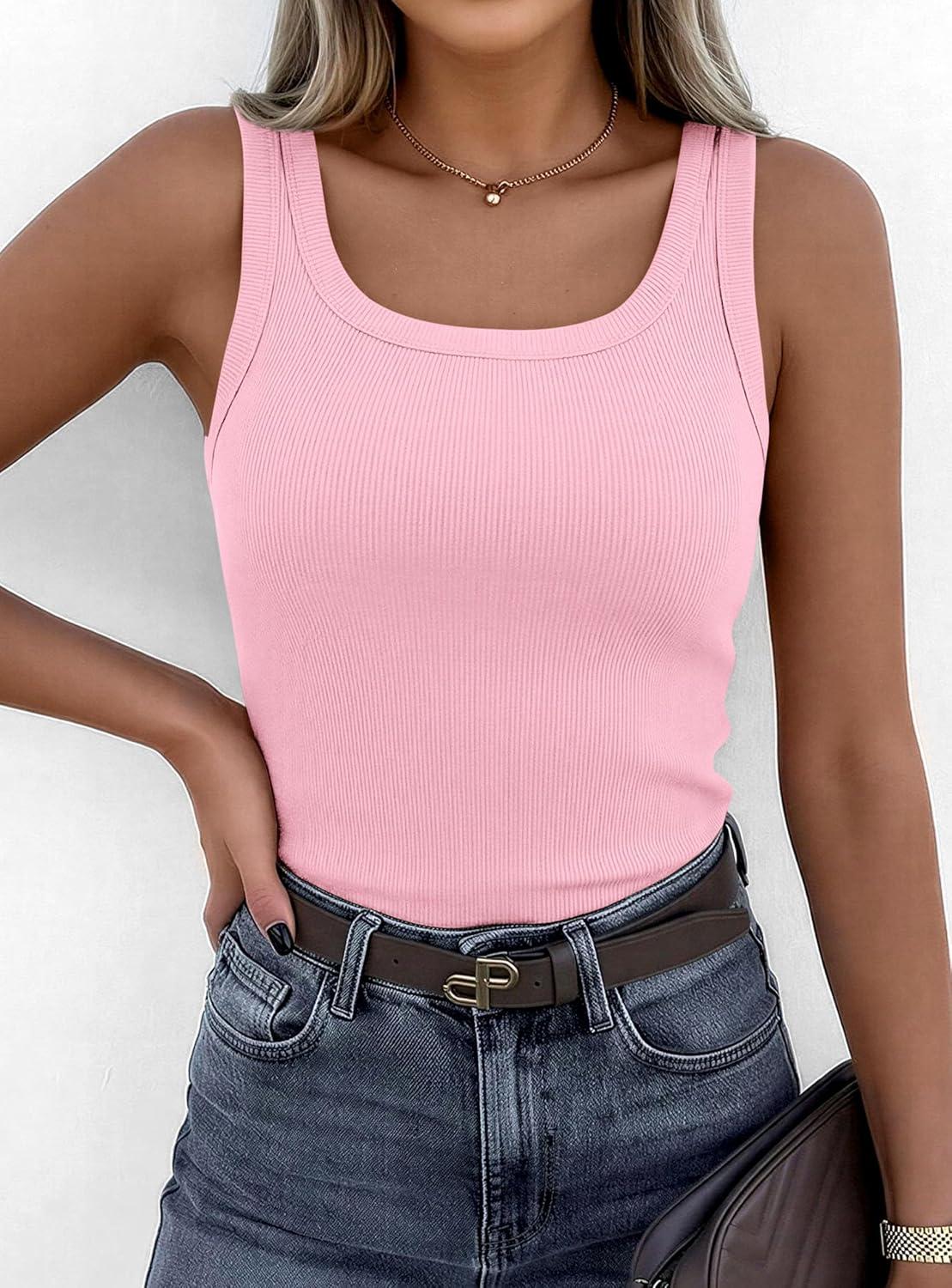 imagePRETTYGARDEN Tank Tops for Women 2026 Summer Sleeveless Scoop Neck Ribbed Tops Cute Spring Casual Fitted Basic Cami ShirtsPink