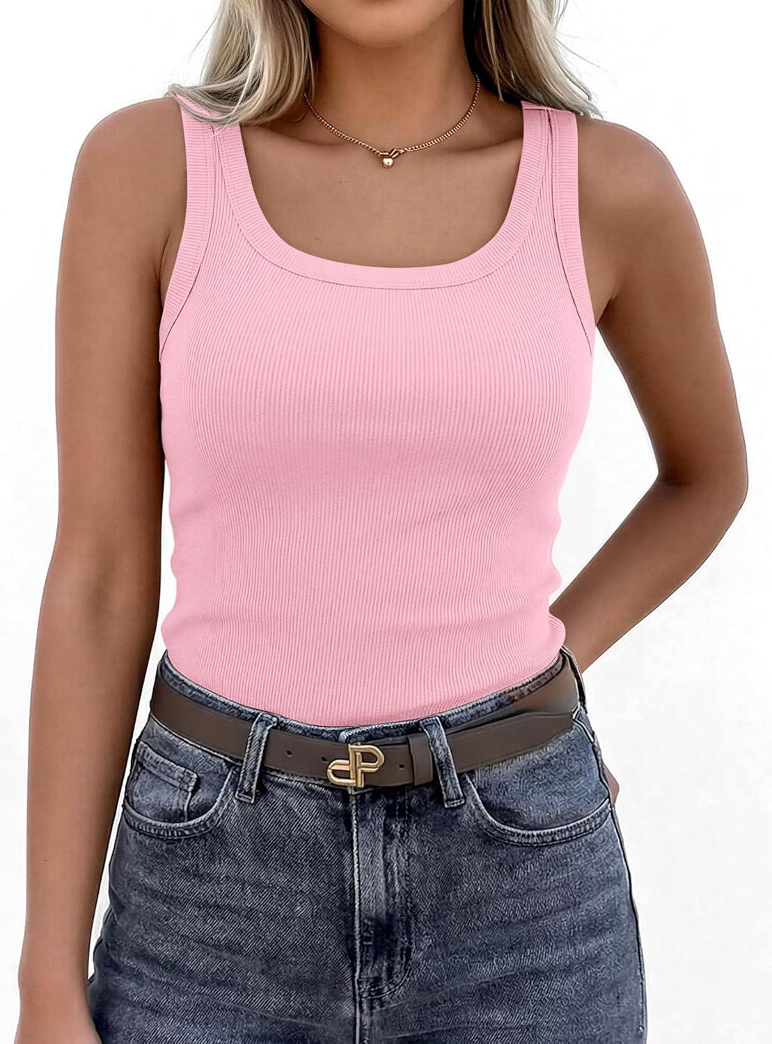 imagePRETTYGARDEN Tank Tops for Women 2026 Summer Sleeveless Scoop Neck Ribbed Tops Cute Spring Casual Fitted Basic Cami ShirtsPink