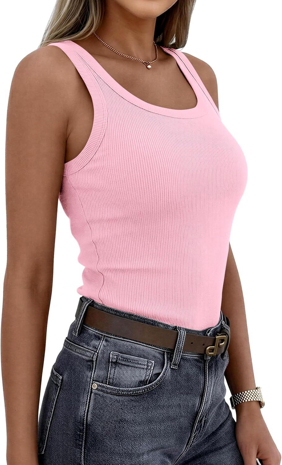 imagePRETTYGARDEN Tank Tops for Women 2026 Summer Sleeveless Scoop Neck Ribbed Tops Cute Spring Casual Fitted Basic Cami ShirtsPink