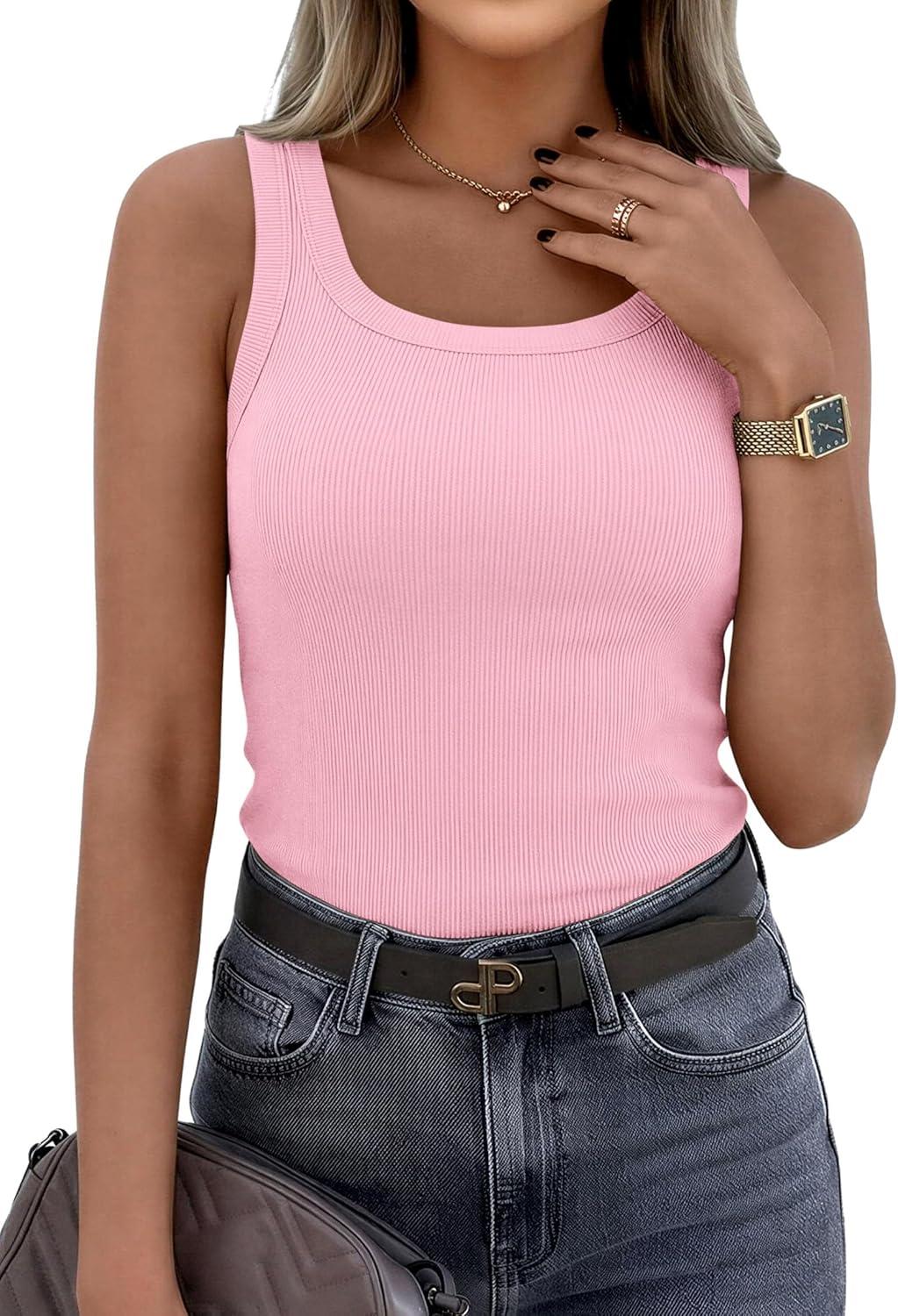 imagePRETTYGARDEN Tank Tops for Women 2026 Summer Sleeveless Scoop Neck Ribbed Tops Cute Spring Casual Fitted Basic Cami ShirtsPink