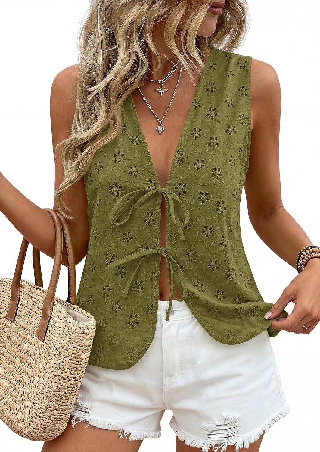 imagePRETTYGARDEN Women 2026 Summer Tie Front Eyelet Tank Tops Trendy Floral Vest Sleeveless V Neck Dressy Blouse Vacation OutfitsArmy Green