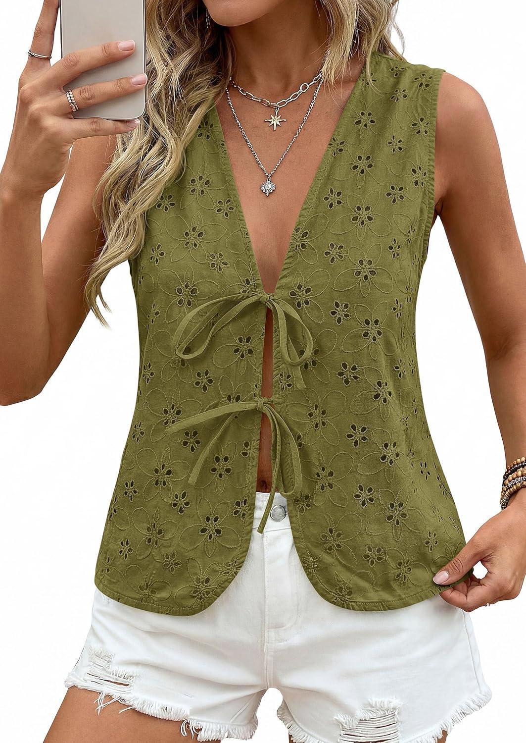 imagePRETTYGARDEN Women 2026 Summer Tie Front Eyelet Tank Tops Trendy Floral Vest Sleeveless V Neck Dressy Blouse Vacation OutfitsArmy Green