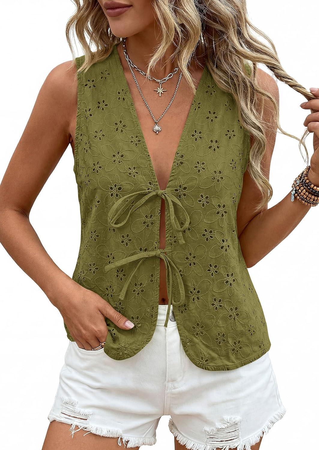 imagePRETTYGARDEN Women 2026 Summer Tie Front Eyelet Tank Tops Trendy Floral Vest Sleeveless V Neck Dressy Blouse Vacation OutfitsArmy Green