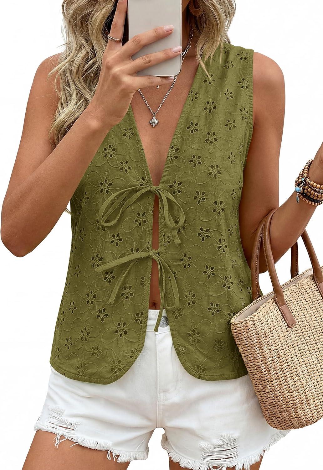 imagePRETTYGARDEN Women 2026 Summer Tie Front Eyelet Tank Tops Trendy Floral Vest Sleeveless V Neck Dressy Blouse Vacation OutfitsArmy Green
