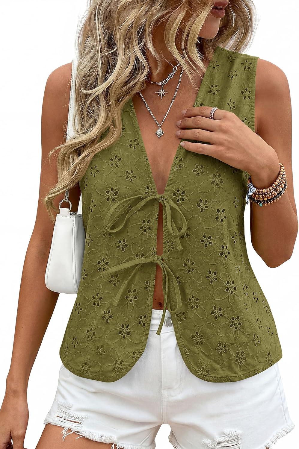 imagePRETTYGARDEN Women 2026 Summer Tie Front Eyelet Tank Tops Trendy Floral Vest Sleeveless V Neck Dressy Blouse Vacation OutfitsArmy Green