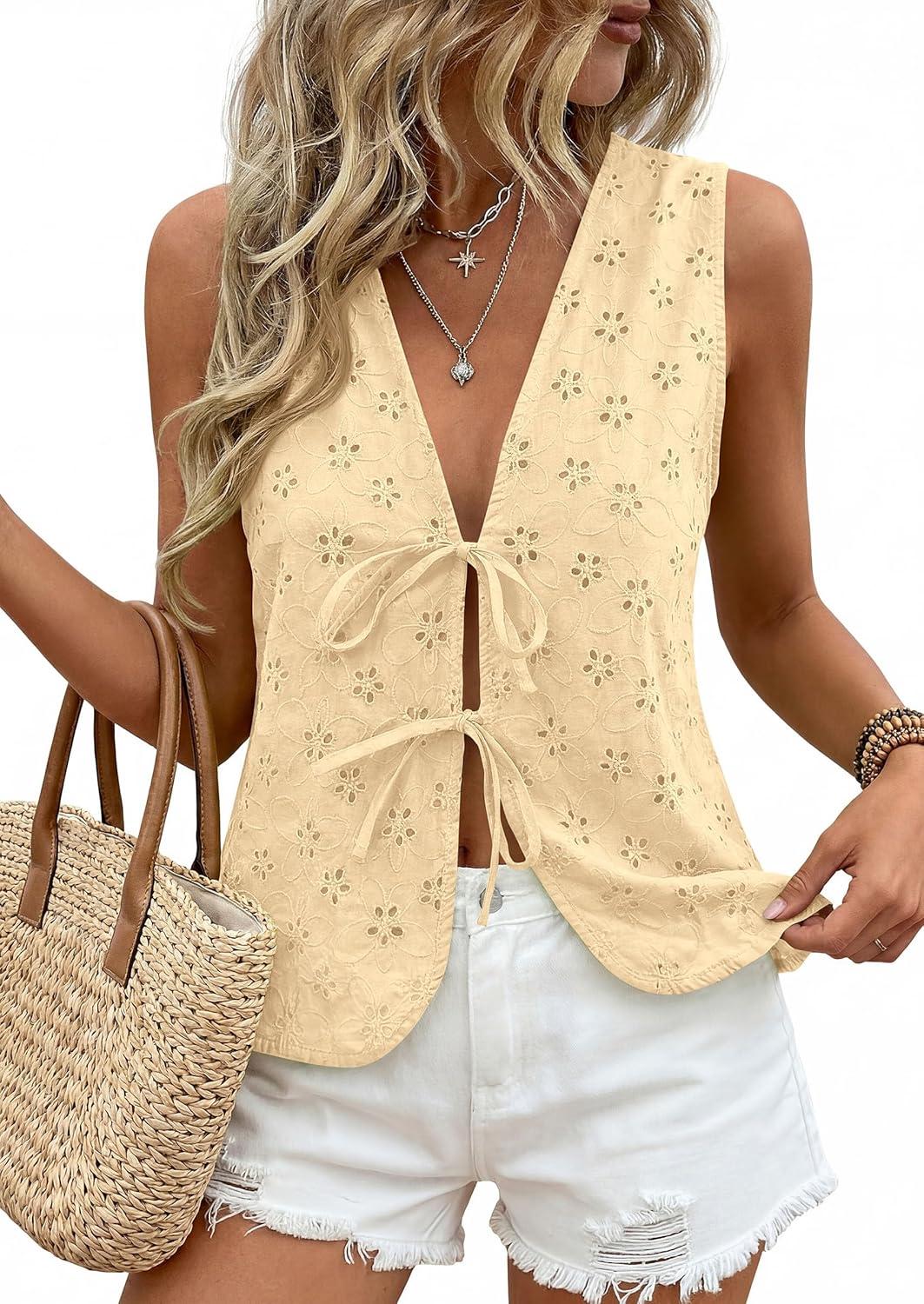 imagePRETTYGARDEN Women 2026 Summer Tie Front Eyelet Tank Tops Trendy Floral Vest Sleeveless V Neck Dressy Blouse Vacation OutfitsBeige Yellow