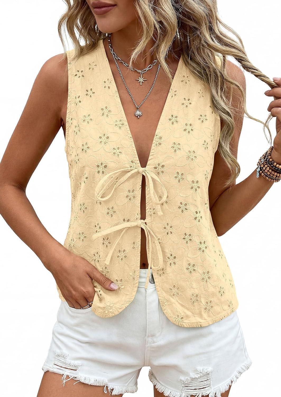 imagePRETTYGARDEN Women 2026 Summer Tie Front Eyelet Tank Tops Trendy Floral Vest Sleeveless V Neck Dressy Blouse Vacation OutfitsBeige Yellow
