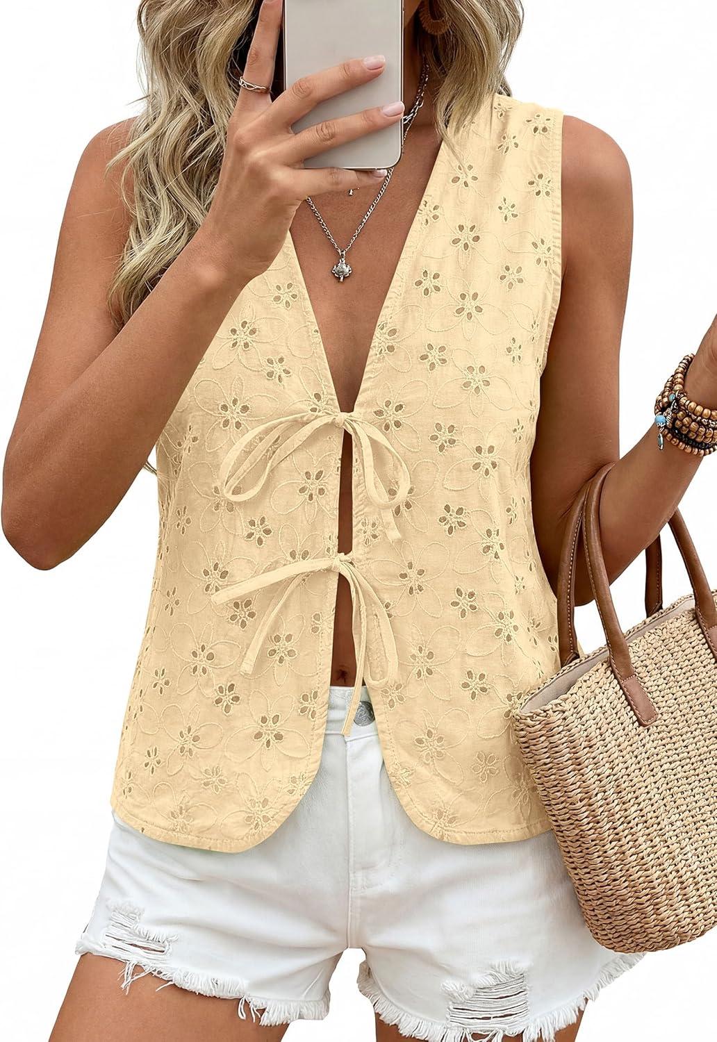 imagePRETTYGARDEN Women 2026 Summer Tie Front Eyelet Tank Tops Trendy Floral Vest Sleeveless V Neck Dressy Blouse Vacation OutfitsBeige Yellow
