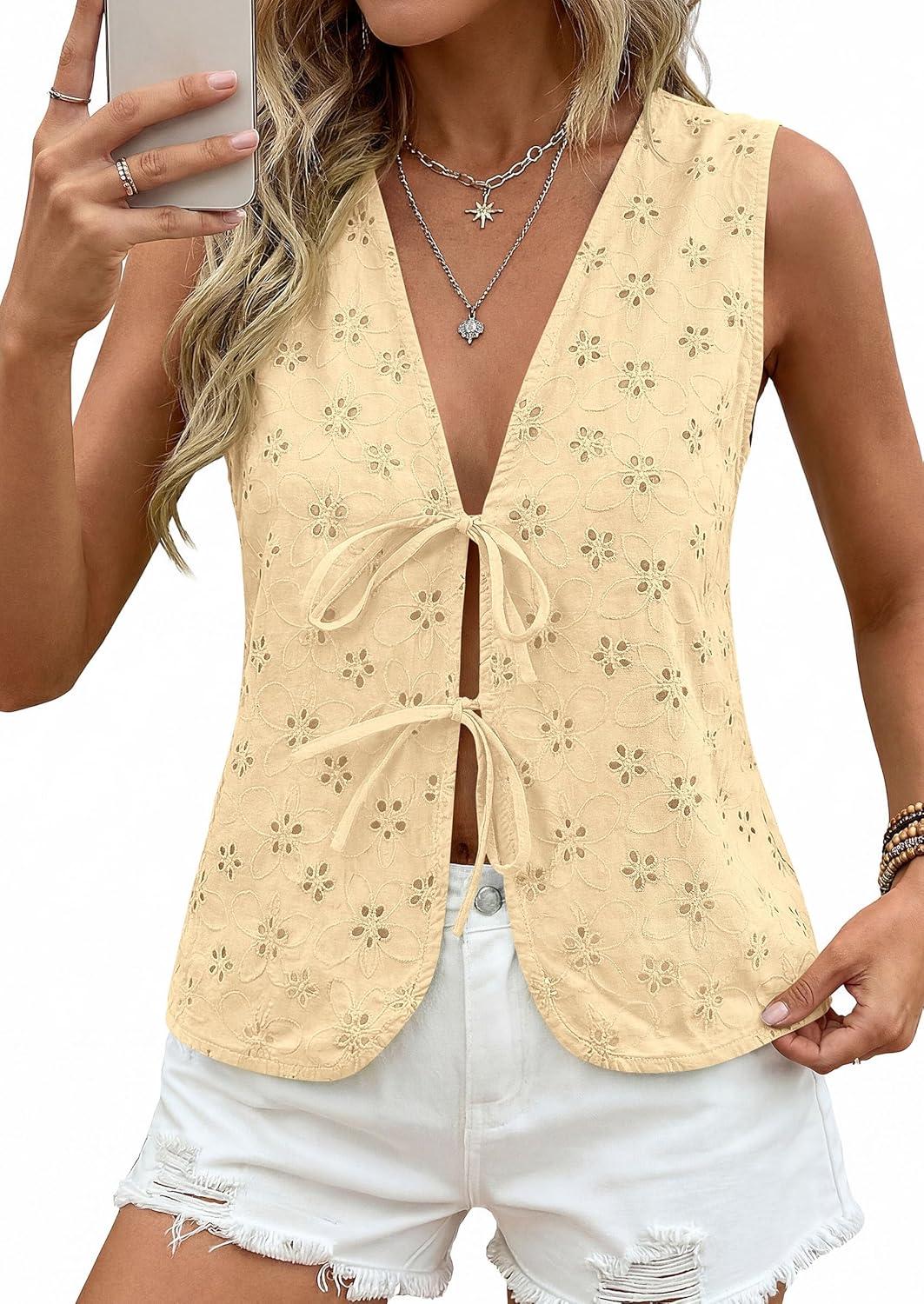 imagePRETTYGARDEN Women 2026 Summer Tie Front Eyelet Tank Tops Trendy Floral Vest Sleeveless V Neck Dressy Blouse Vacation OutfitsBeige Yellow