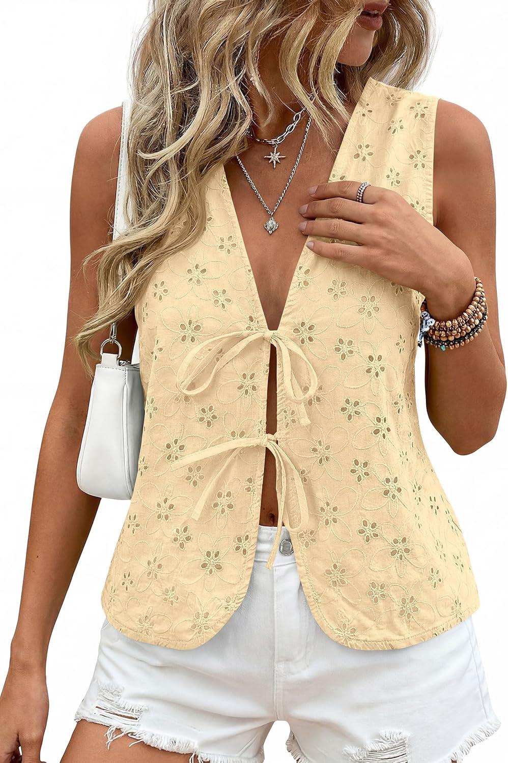 imagePRETTYGARDEN Women 2026 Summer Tie Front Eyelet Tank Tops Trendy Floral Vest Sleeveless V Neck Dressy Blouse Vacation OutfitsBeige Yellow
