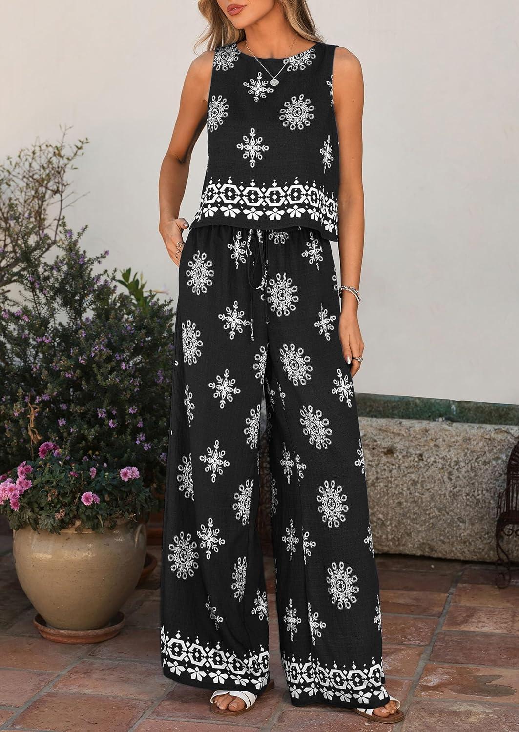 imagePRETTYGARDEN Womens 2026 Summer 2 Piece Lounge Sets Boho Floral Tank Tops Flowy Wide Peg Pants Travel Beach Vacation OutfitsFloral Black White