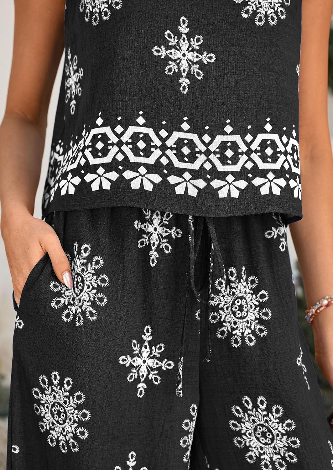 imagePRETTYGARDEN Womens 2026 Summer 2 Piece Lounge Sets Boho Floral Tank Tops Flowy Wide Peg Pants Travel Beach Vacation OutfitsFloral Black White