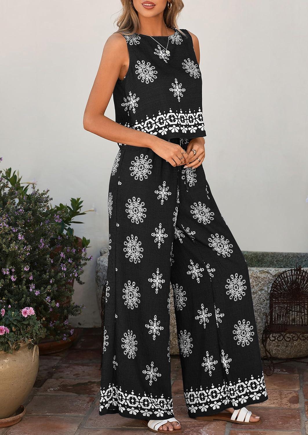 imagePRETTYGARDEN Womens 2026 Summer 2 Piece Lounge Sets Boho Floral Tank Tops Flowy Wide Peg Pants Travel Beach Vacation OutfitsFloral Black White
