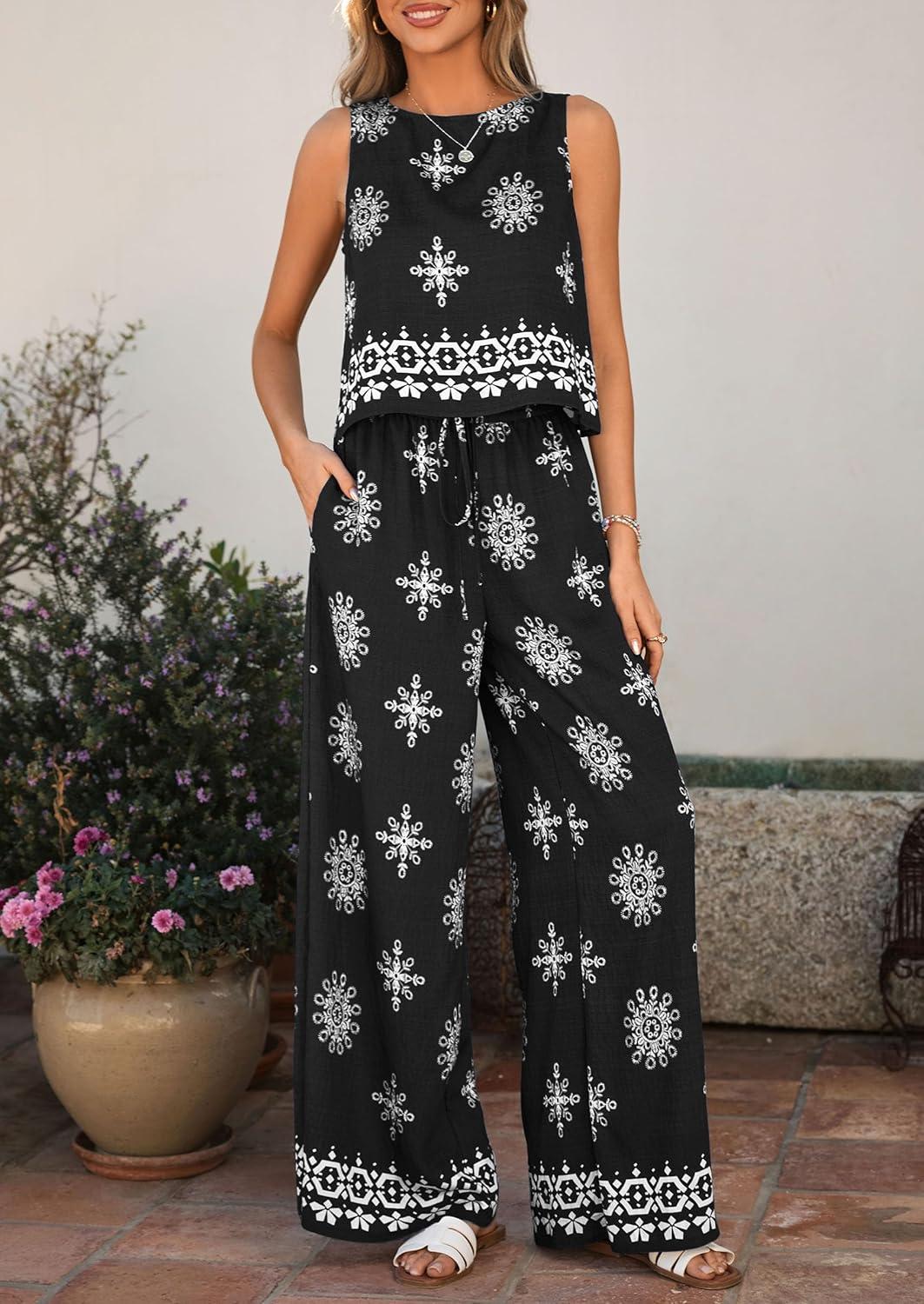 imagePRETTYGARDEN Womens 2026 Summer 2 Piece Lounge Sets Boho Floral Tank Tops Flowy Wide Peg Pants Travel Beach Vacation OutfitsFloral Black White