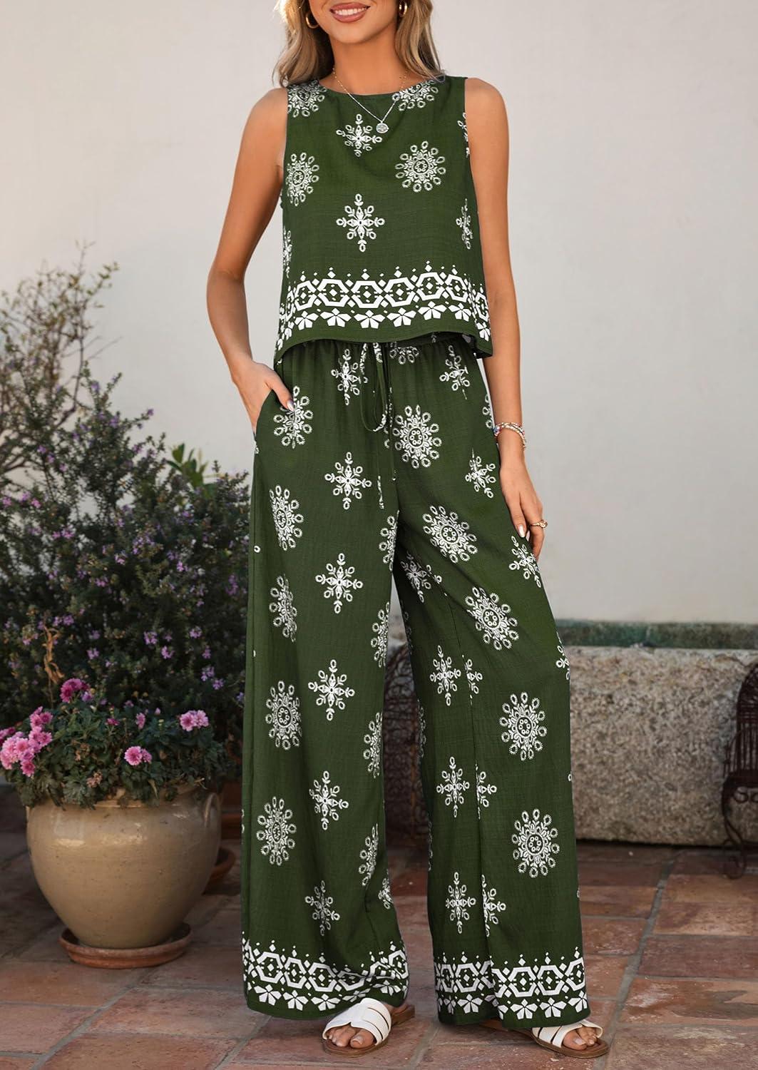 imagePRETTYGARDEN Womens 2026 Summer 2 Piece Lounge Sets Boho Floral Tank Tops Flowy Wide Peg Pants Travel Beach Vacation OutfitsFloral Dark Green White