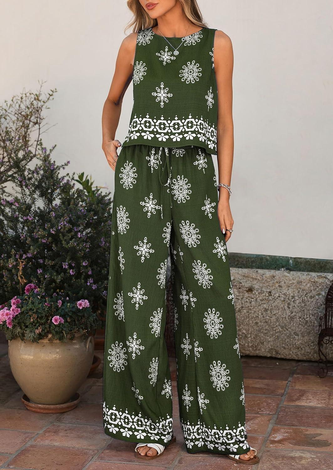 imagePRETTYGARDEN Womens 2026 Summer 2 Piece Lounge Sets Boho Floral Tank Tops Flowy Wide Peg Pants Travel Beach Vacation OutfitsFloral Dark Green White