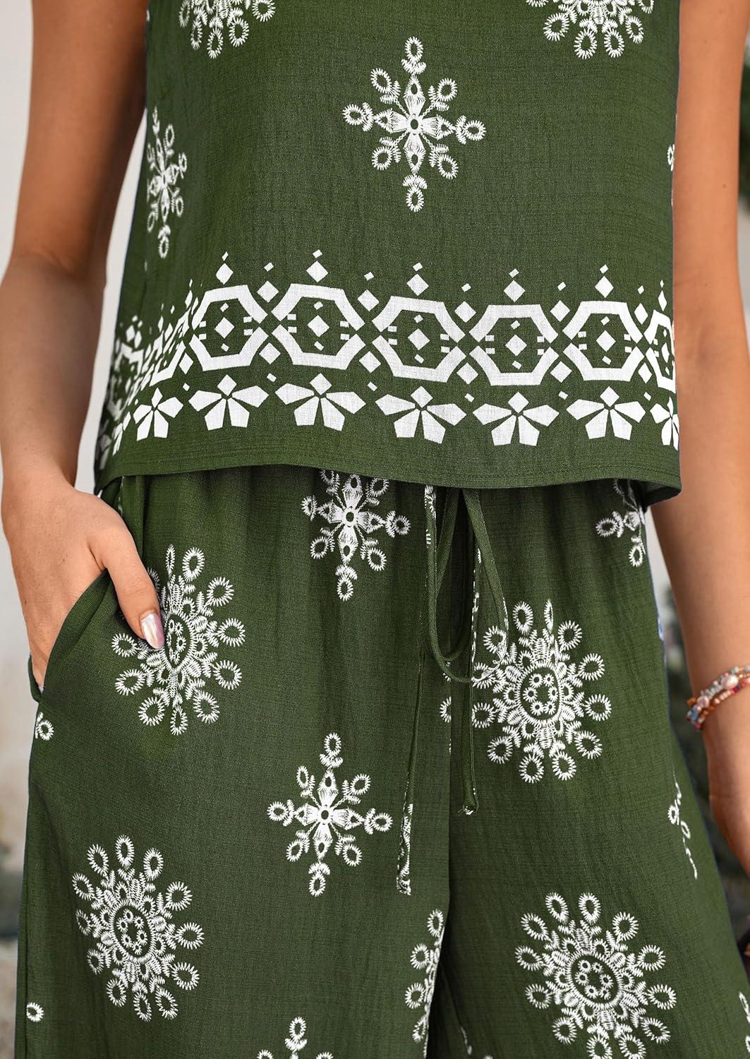 imagePRETTYGARDEN Womens 2026 Summer 2 Piece Lounge Sets Boho Floral Tank Tops Flowy Wide Peg Pants Travel Beach Vacation OutfitsFloral Dark Green White