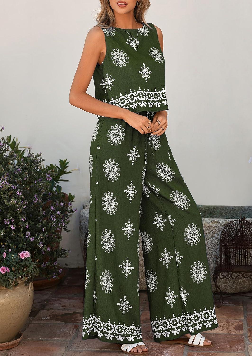 imagePRETTYGARDEN Womens 2026 Summer 2 Piece Lounge Sets Boho Floral Tank Tops Flowy Wide Peg Pants Travel Beach Vacation OutfitsFloral Dark Green White