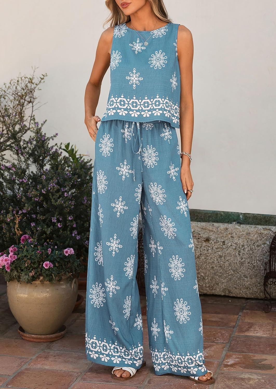 imagePRETTYGARDEN Womens 2026 Summer 2 Piece Lounge Sets Boho Floral Tank Tops Flowy Wide Peg Pants Travel Beach Vacation OutfitsFloral Grey Blue White