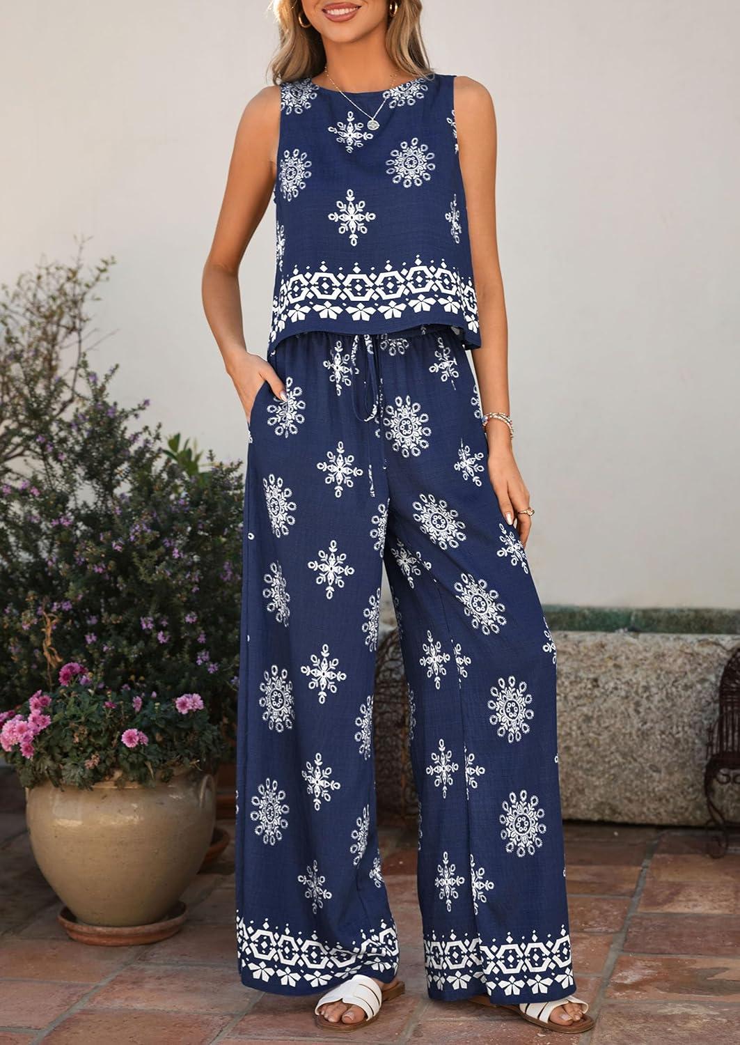 imagePRETTYGARDEN Womens 2026 Summer 2 Piece Lounge Sets Boho Floral Tank Tops Flowy Wide Peg Pants Travel Beach Vacation OutfitsFloral Navy White