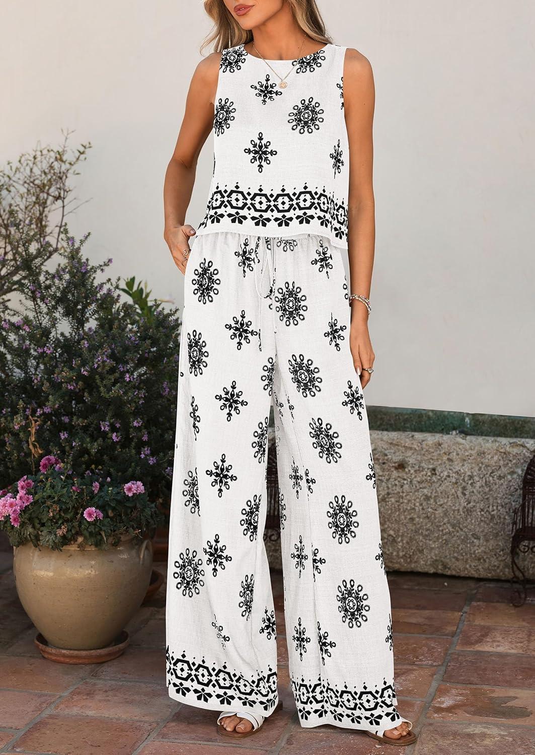 imagePRETTYGARDEN Womens 2026 Summer 2 Piece Lounge Sets Boho Floral Tank Tops Flowy Wide Peg Pants Travel Beach Vacation OutfitsFloral White Black