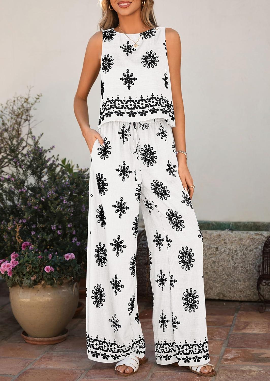 imagePRETTYGARDEN Womens 2026 Summer 2 Piece Lounge Sets Boho Floral Tank Tops Flowy Wide Peg Pants Travel Beach Vacation OutfitsFloral White Black