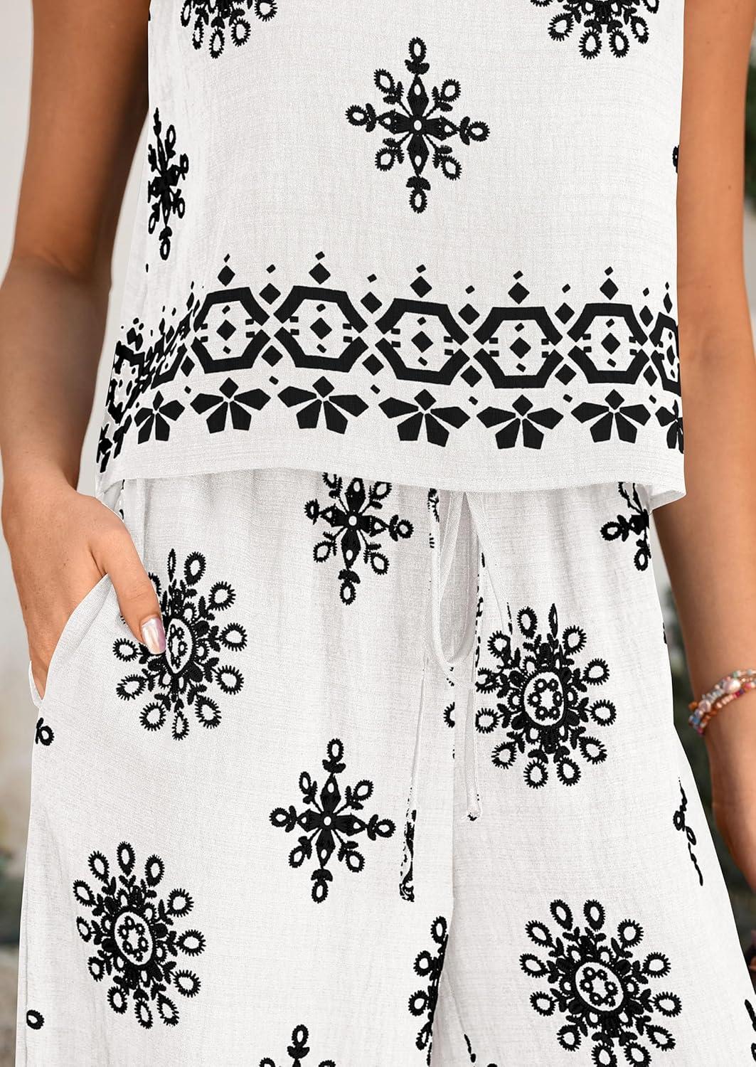 imagePRETTYGARDEN Womens 2026 Summer 2 Piece Lounge Sets Boho Floral Tank Tops Flowy Wide Peg Pants Travel Beach Vacation OutfitsFloral White Black