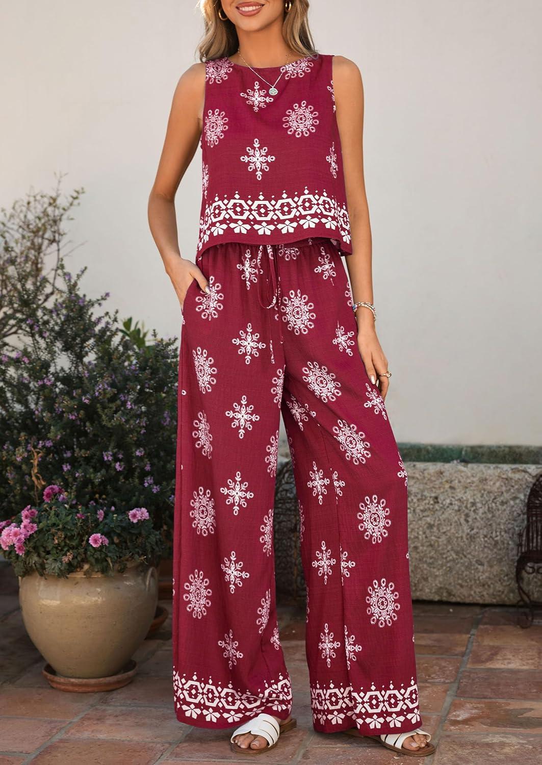 imagePRETTYGARDEN Womens 2026 Summer 2 Piece Lounge Sets Boho Floral Tank Tops Flowy Wide Peg Pants Travel Beach Vacation OutfitsFloral Wine Red White