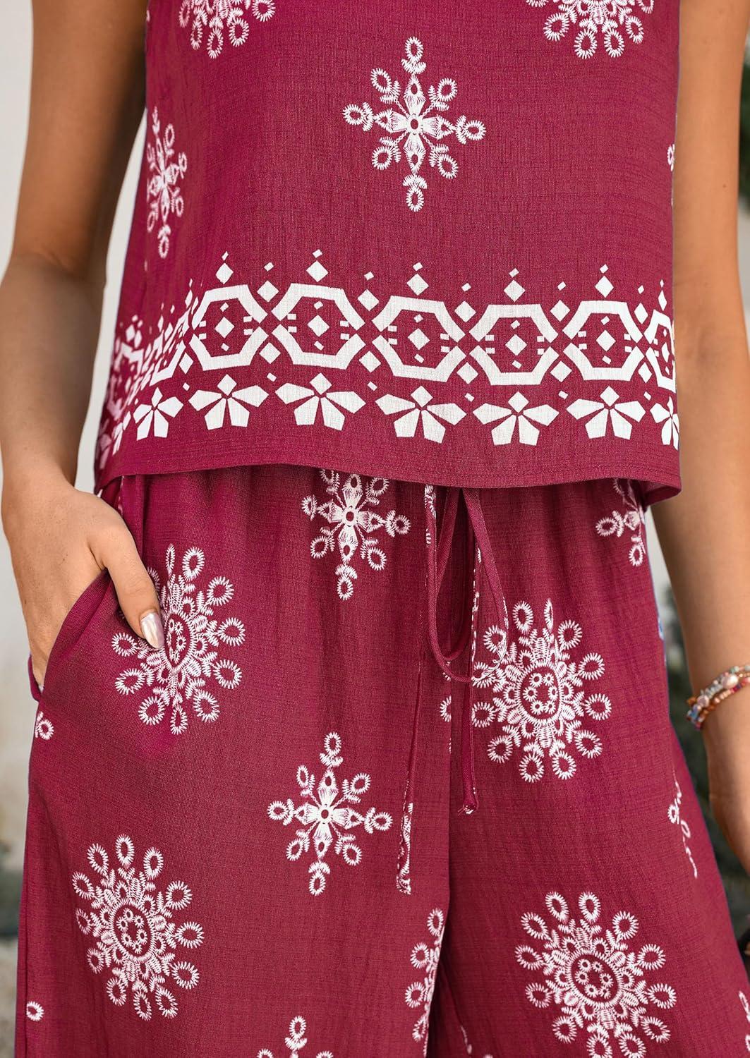imagePRETTYGARDEN Womens 2026 Summer 2 Piece Lounge Sets Boho Floral Tank Tops Flowy Wide Peg Pants Travel Beach Vacation OutfitsFloral Wine Red White