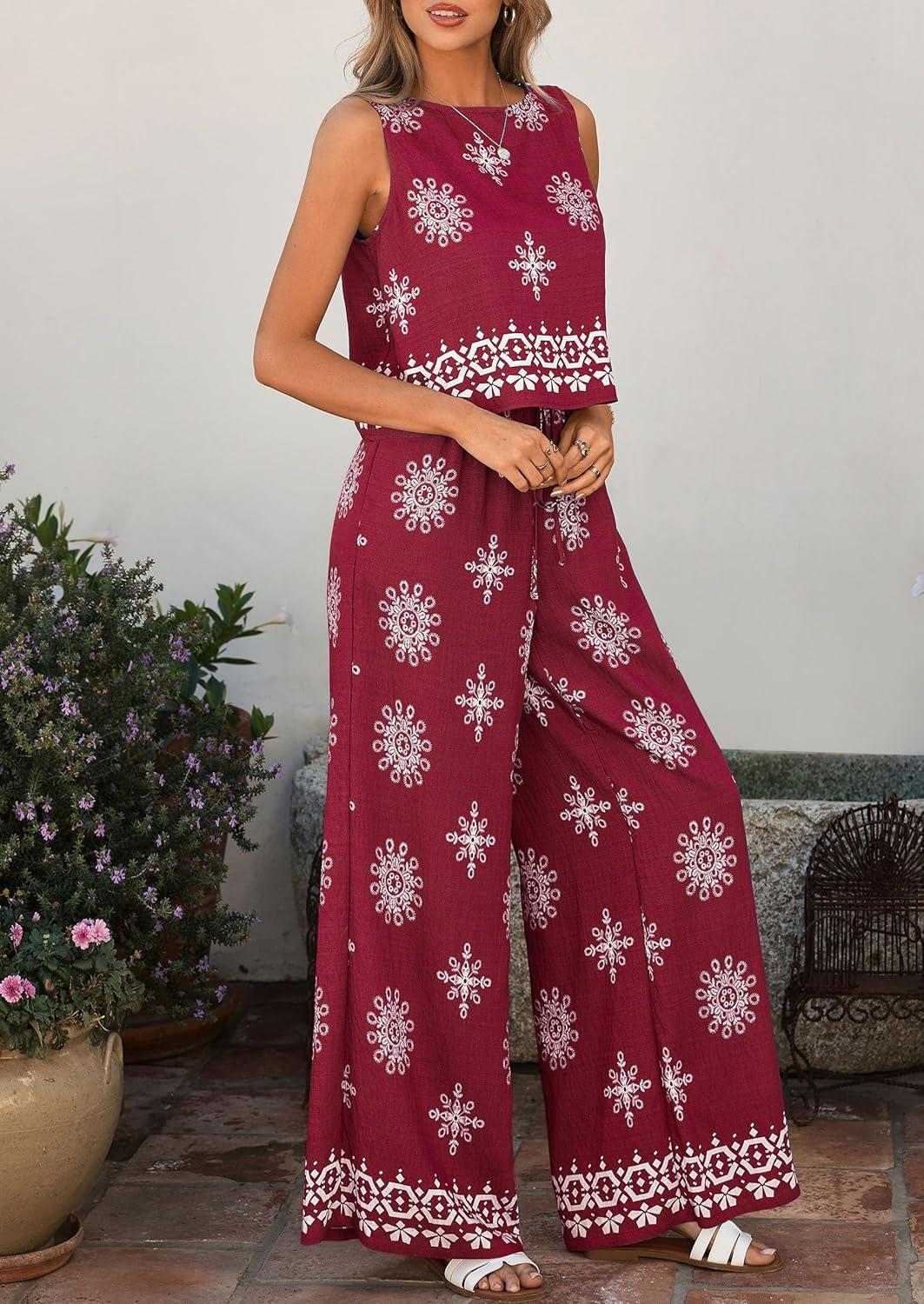 imagePRETTYGARDEN Womens 2026 Summer 2 Piece Lounge Sets Boho Floral Tank Tops Flowy Wide Peg Pants Travel Beach Vacation OutfitsFloral Wine Red White