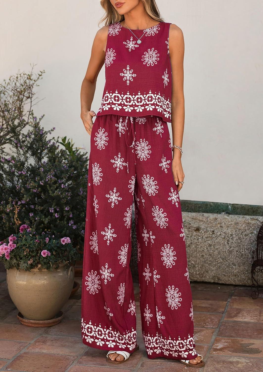 imagePRETTYGARDEN Womens 2026 Summer 2 Piece Lounge Sets Boho Floral Tank Tops Flowy Wide Peg Pants Travel Beach Vacation OutfitsFloral Wine Red White