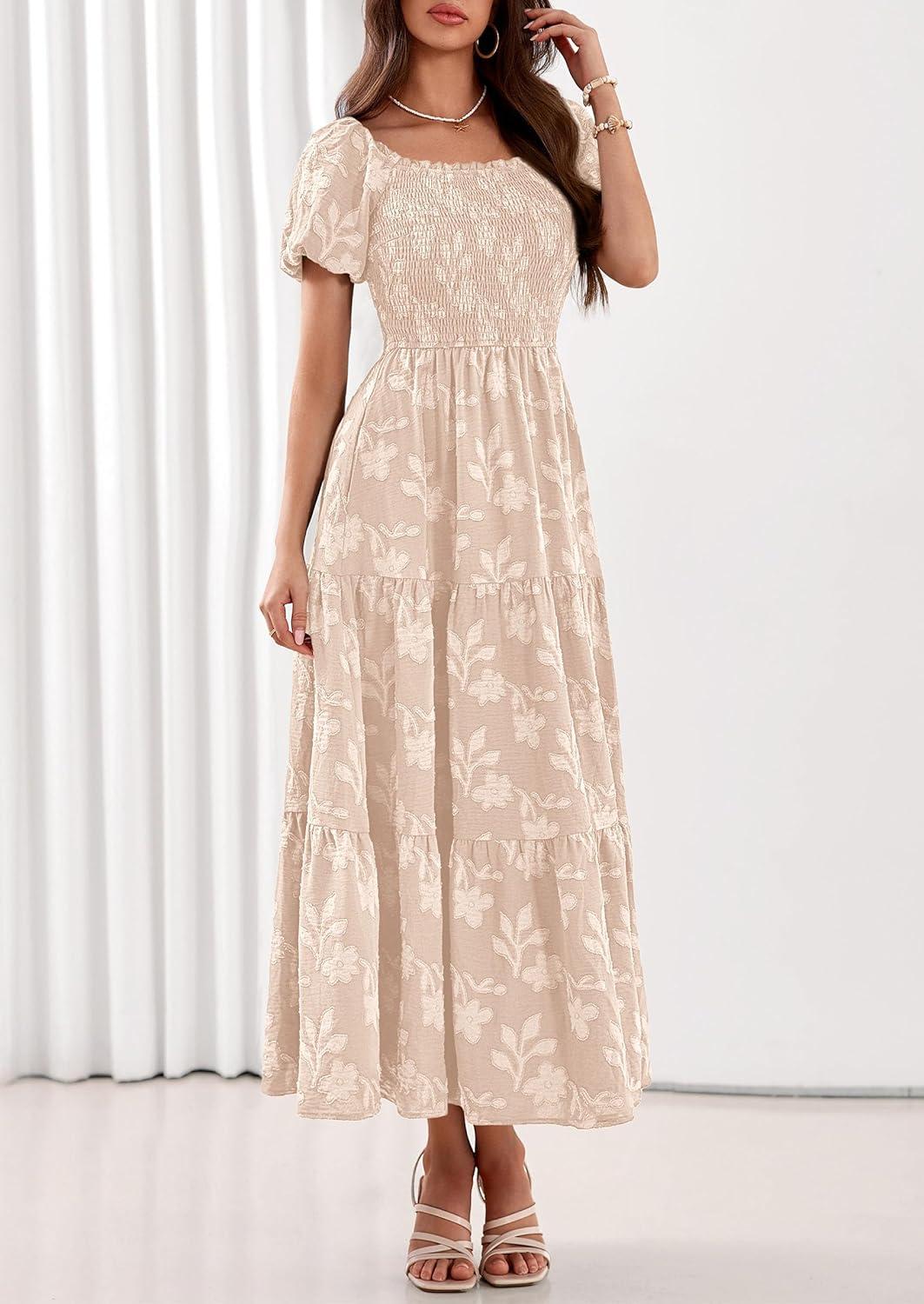 imagePRETTYGARDEN Womens 2026 Summer Boho Maxi Dresses Floral Short Sleeve Square Neck Smocked Flowy Long Dress Vacation OutfitsBeige