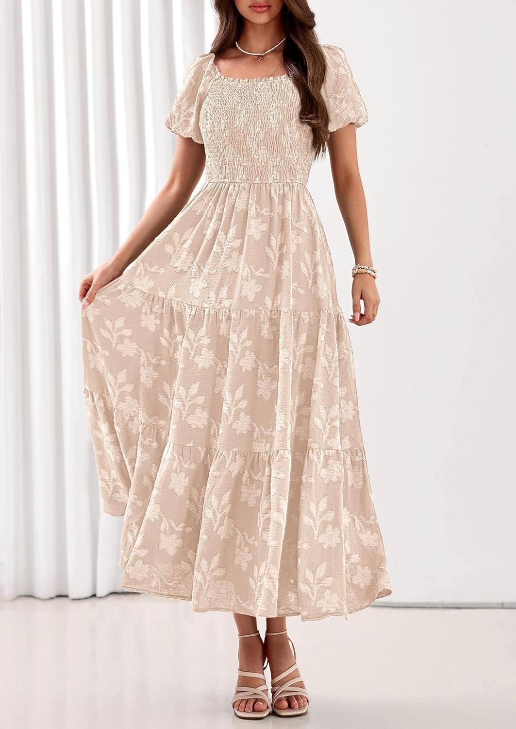 imagePRETTYGARDEN Womens 2026 Summer Boho Maxi Dresses Floral Short Sleeve Square Neck Smocked Flowy Long Dress Vacation OutfitsBeige