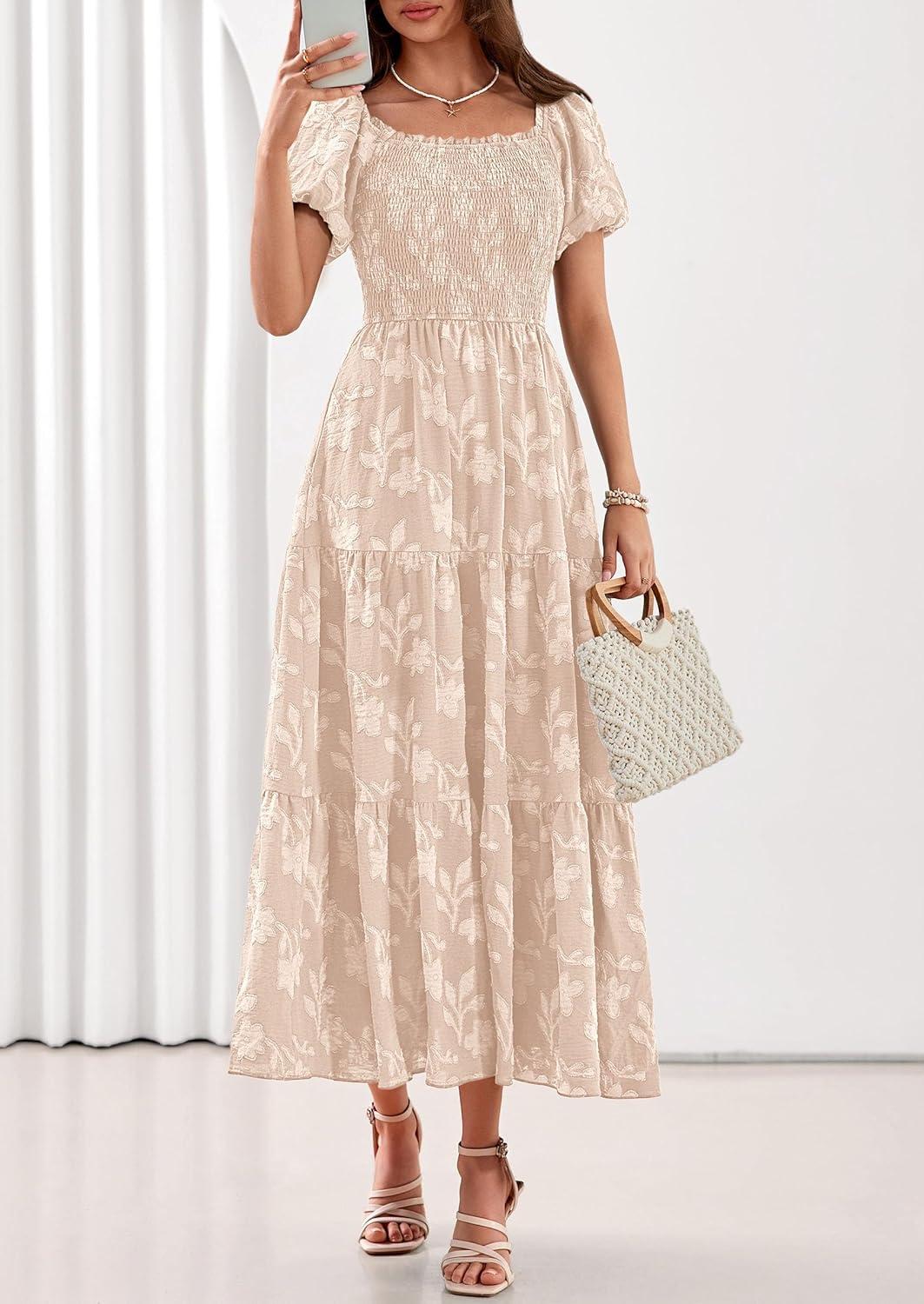 imagePRETTYGARDEN Womens 2026 Summer Boho Maxi Dresses Floral Short Sleeve Square Neck Smocked Flowy Long Dress Vacation OutfitsBeige
