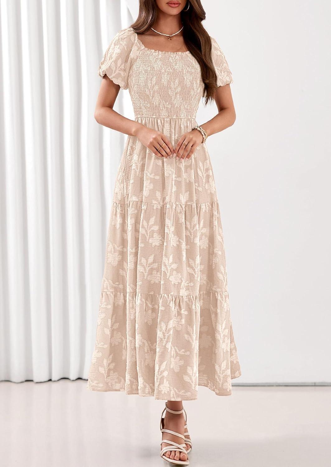 imagePRETTYGARDEN Womens 2026 Summer Boho Maxi Dresses Floral Short Sleeve Square Neck Smocked Flowy Long Dress Vacation OutfitsBeige