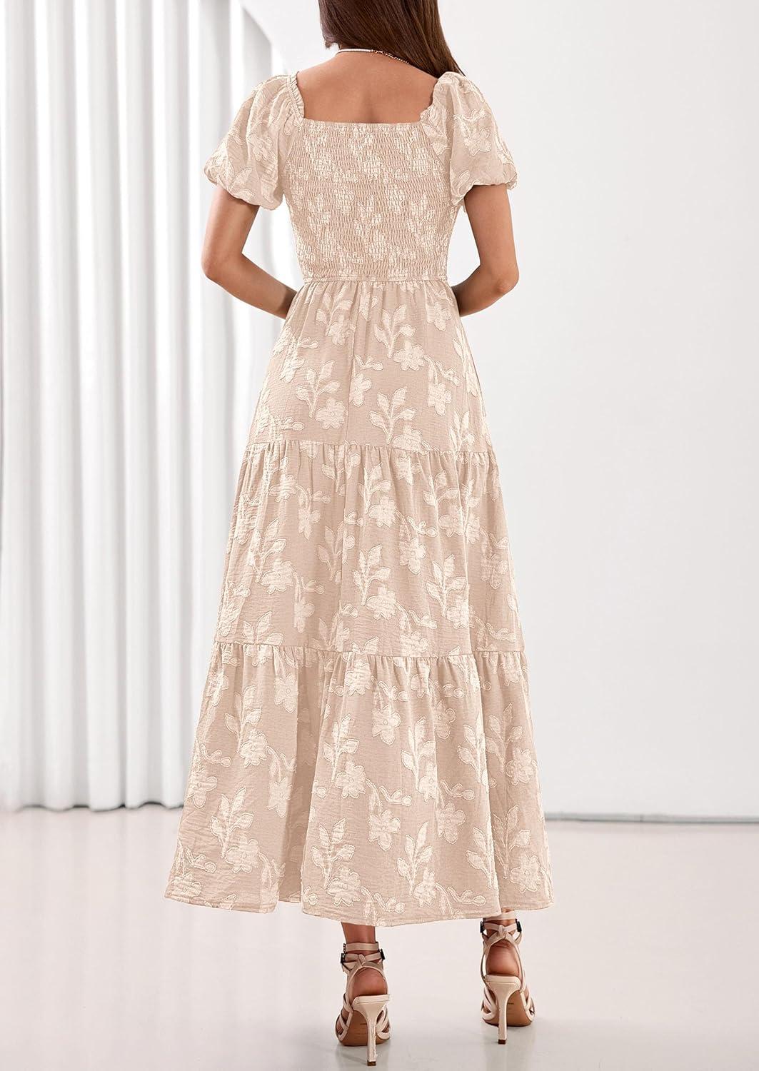 imagePRETTYGARDEN Womens 2026 Summer Boho Maxi Dresses Floral Short Sleeve Square Neck Smocked Flowy Long Dress Vacation OutfitsBeige